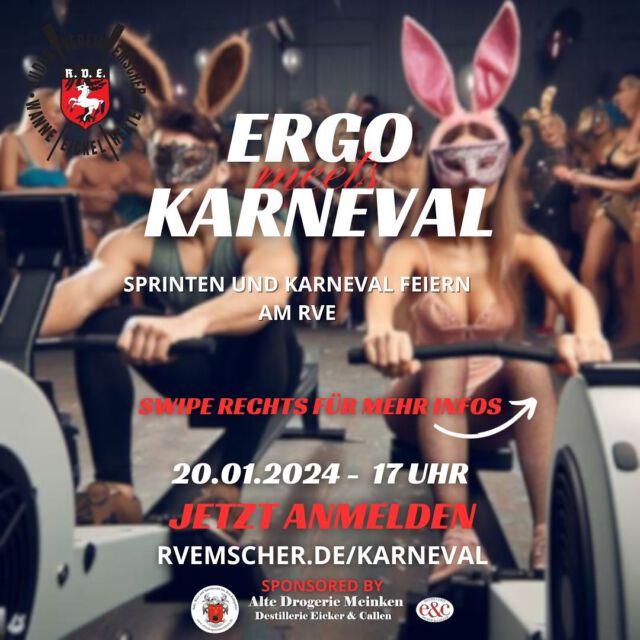 Ergo-Karneval am RVE! 🚣‍♀️🎉 Seid dabei, wenn Ruderdeutschland am Rhein Herne Kanal loslegt! 💪🎭 350m Ergo-Rennen sowie 1200m Rennen im Staffel-Modus, Karnevalsmusik im Ohr und eine kostümierte Fangemeinde – das wird legendär! 🥳🎶 Kommt für den Sport, bleibt für die Party! 🍻🌟🗓️ Wann: 20.01.24 ab 17:00 Uhr
📍 Wo: RV Emscher
🏆 Preise für Schnellste und kreativste Kostüme!
🍺 Sponsored by Alte Drogerie Meinken
Freibier von 17:00 bis 19:00 Uhr! 🍻🎉Über den Link in unserer Bio geht’s direkt zur Anmeldung!Seid dabei, wenn Sport und Karneval auf dem Ergo verschmelzen – ein Event, das ihr nicht verpassen dürft! 🚣‍♂️✨ #ErgoKarneval #RheinHerneKanal #FeiernNachDemSport #Rudern